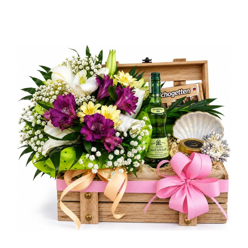 Flower Chest – wooden chest with flowers, ouzo, caviar and chocolate