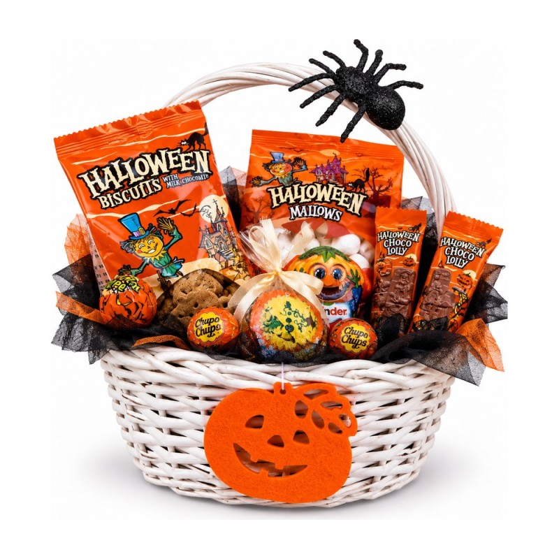 Halloween – basket with biscuits, mallows, Kinder and Chupa Chups
