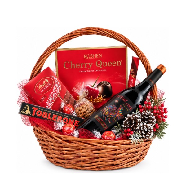 Cherry Christmas with Lindt – Christmas basket with wine, Cherry Queen and Lindor