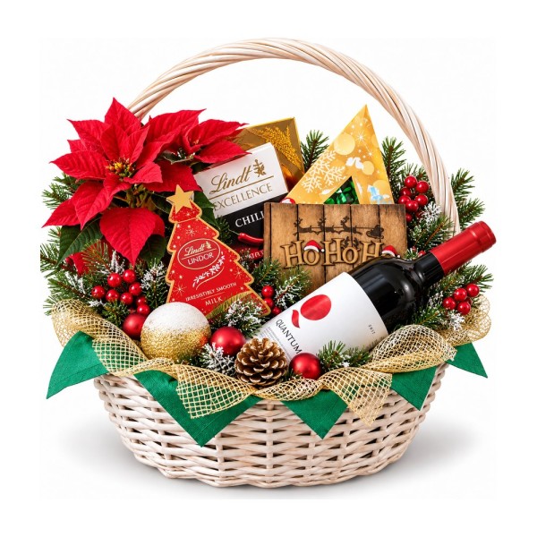 Christmas Star Ho Ho Ho – basket with Quantum, Lindt and a poinsettia