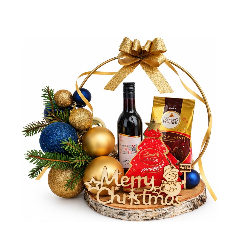 Merry Christmas – коледна украса на резен дърво с вино, Ferrero и Lindor