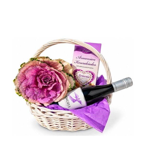 Winter Rose – basket with ornamental cabbage, wine and Armenian cookies