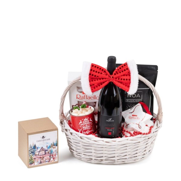 Christmas Bow Tie – basket with Pinot Noir and coffee