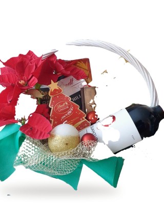 Коледна звезда – кошница с вино, Lindor и цвете