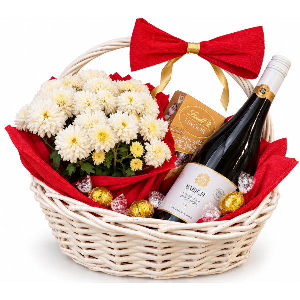 White Chrysanthemums – basket with flowers, Babich wine and Lindor