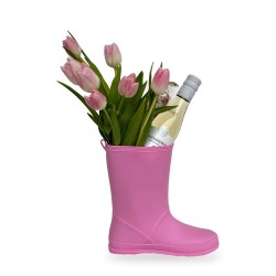 Spring Walk – pink boot with tulips and white wine