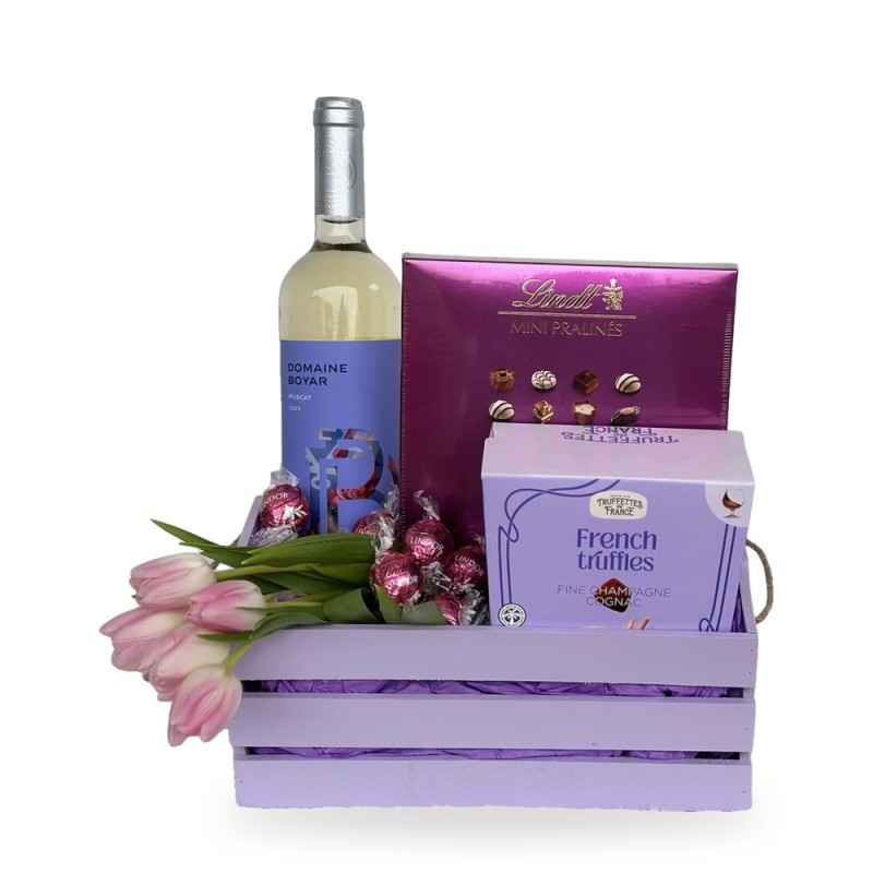 Lilac Spring – crate with white wine, French truffles and tulips