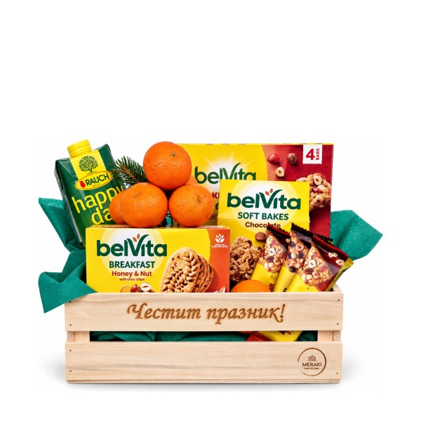 Happy Holiday – alcohol-free crate with belVita, oranges and juice