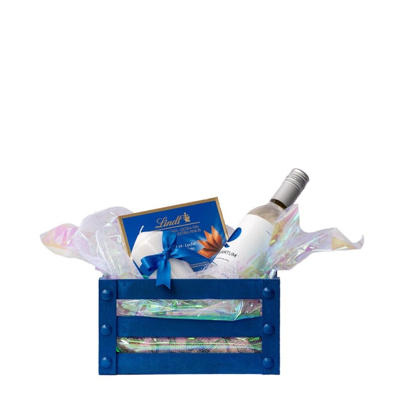 Blue – crate with white wine and chocolate