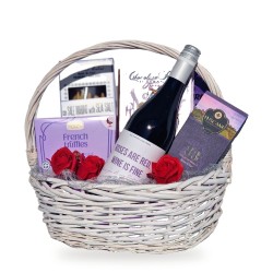 Roses Are Red, Wine Is Fine – basket with wine, French truffles and roses