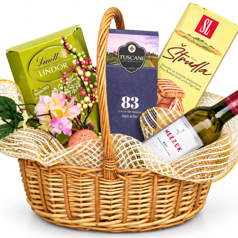 Пролетна градина – кошница с вино Mezzek, Lindor и тъмен шоколад