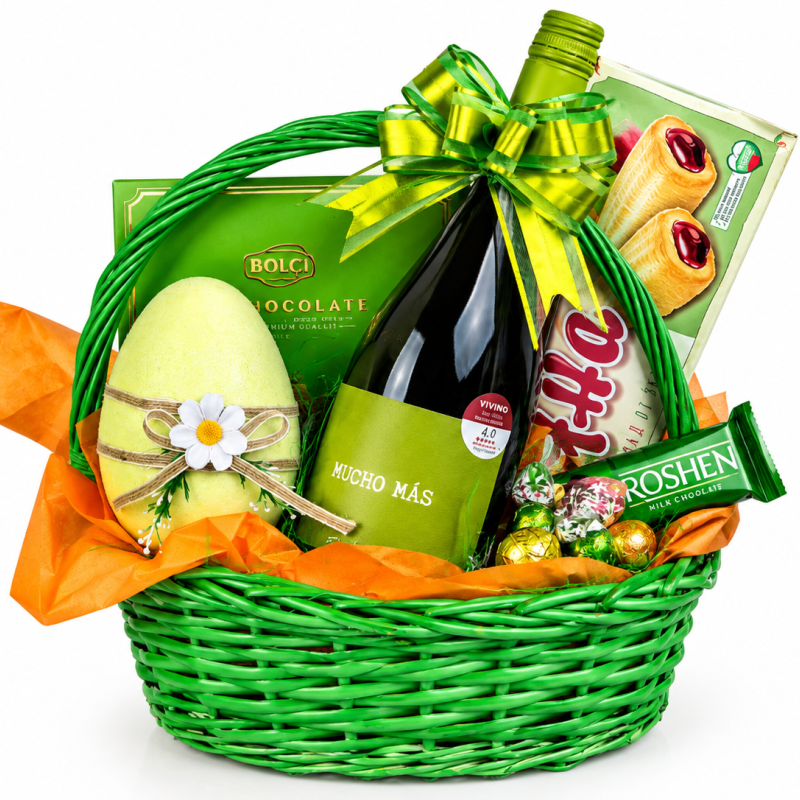 Mucho Más – green Easter basket with wine and chocolates