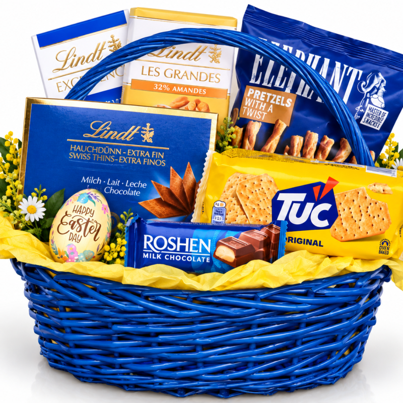 Blue Spring – Easter basket with Lindt chocolate and savoury snacks