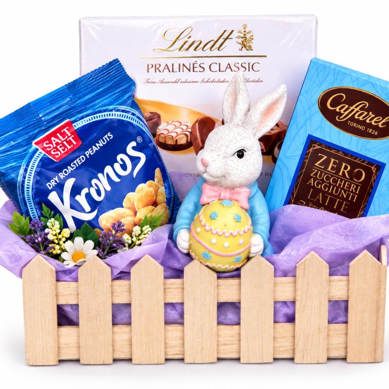 Великденско зайче – щайга-оградка с пралини Lindt и Caffarel