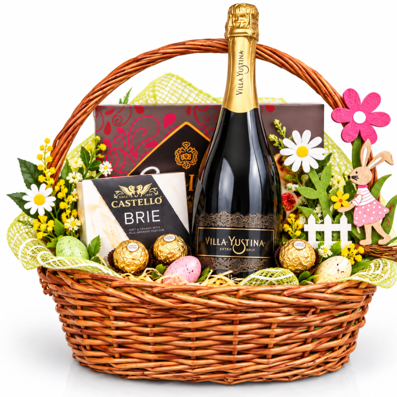 Easter Table – basket with Villa Yustina sparkling wine and brie