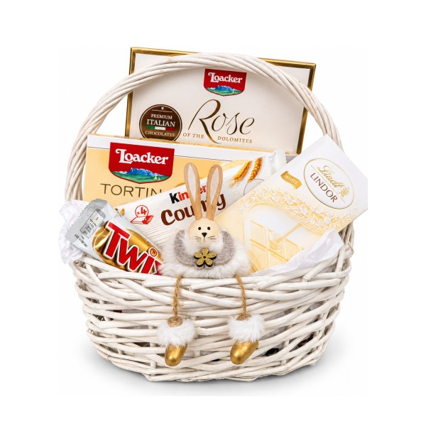 Пухкаво зайче – бяла великденска кошница с Loacker и Lindor