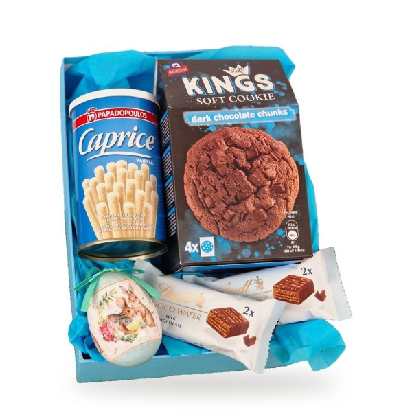 Синя великденска кутия – с бисквити Kings, Caprice и вафли Lindt