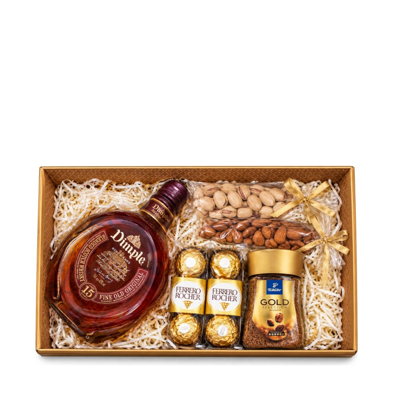 Dimple 15 и Tchibo Gold – златна кутия с уиски, кафе и Ferrero